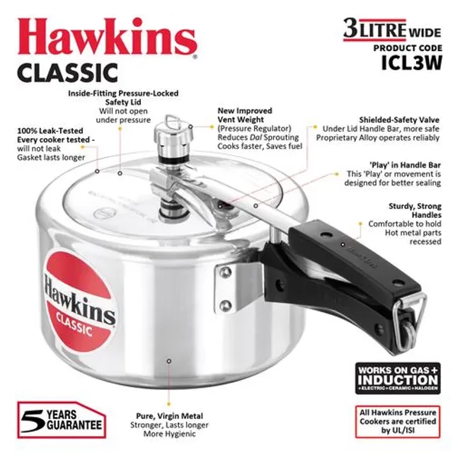 Hawkins Classic Aluminium Inner Lid Pressure Cooker - Wide, Induction Base, With Handle, Silver, CL3W, 3 l-3.webp